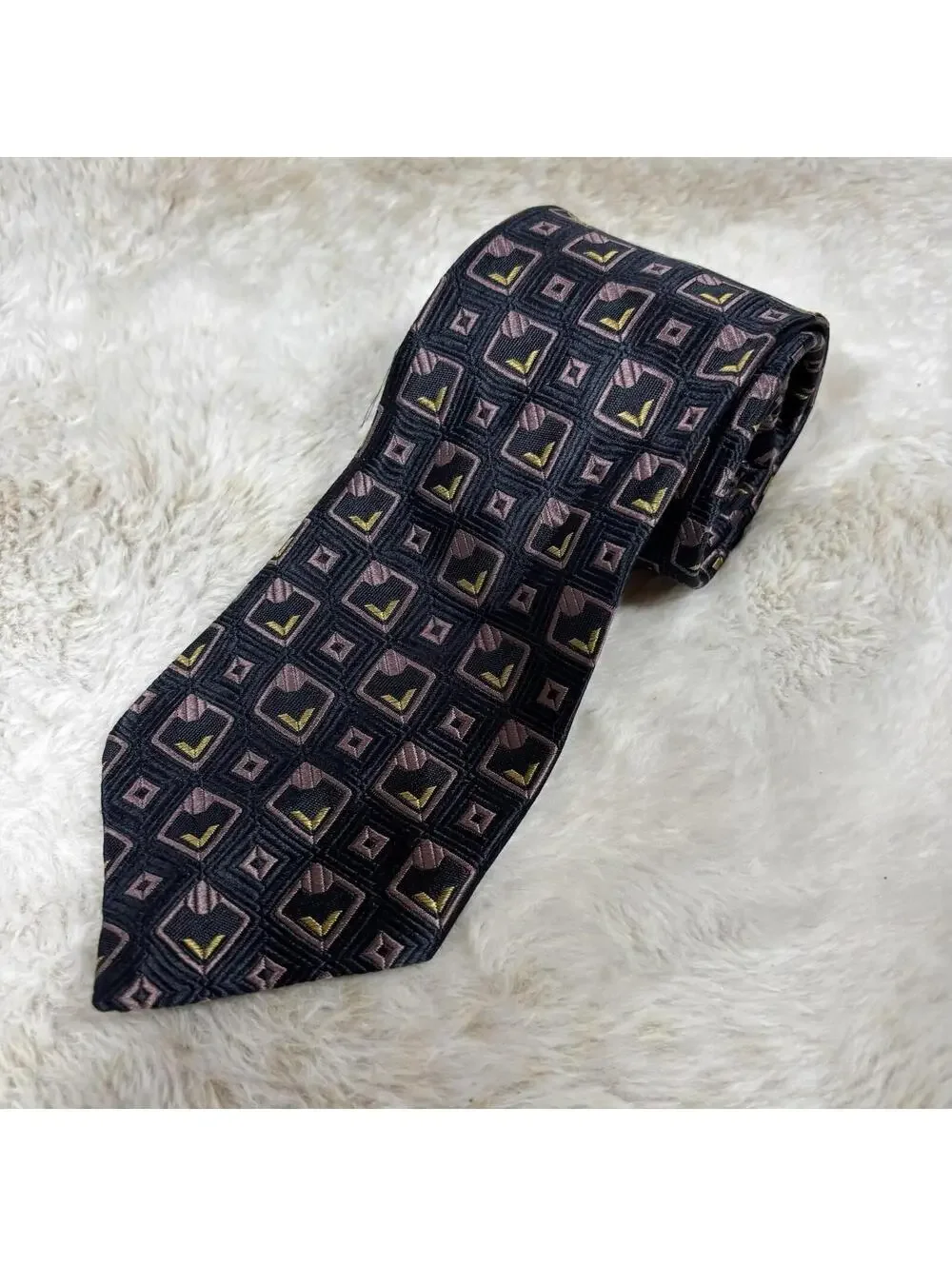 Cantini Firenze Silk Tie Italy Navy Pink Geometric Square Pattern